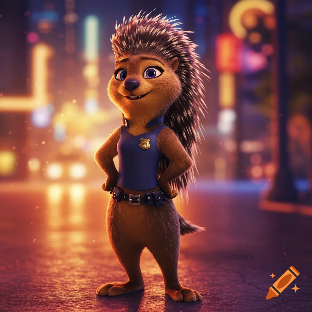 An anthropomorphic porcupine in a Zootopia style police uniform stands smiling against a blurry city night.