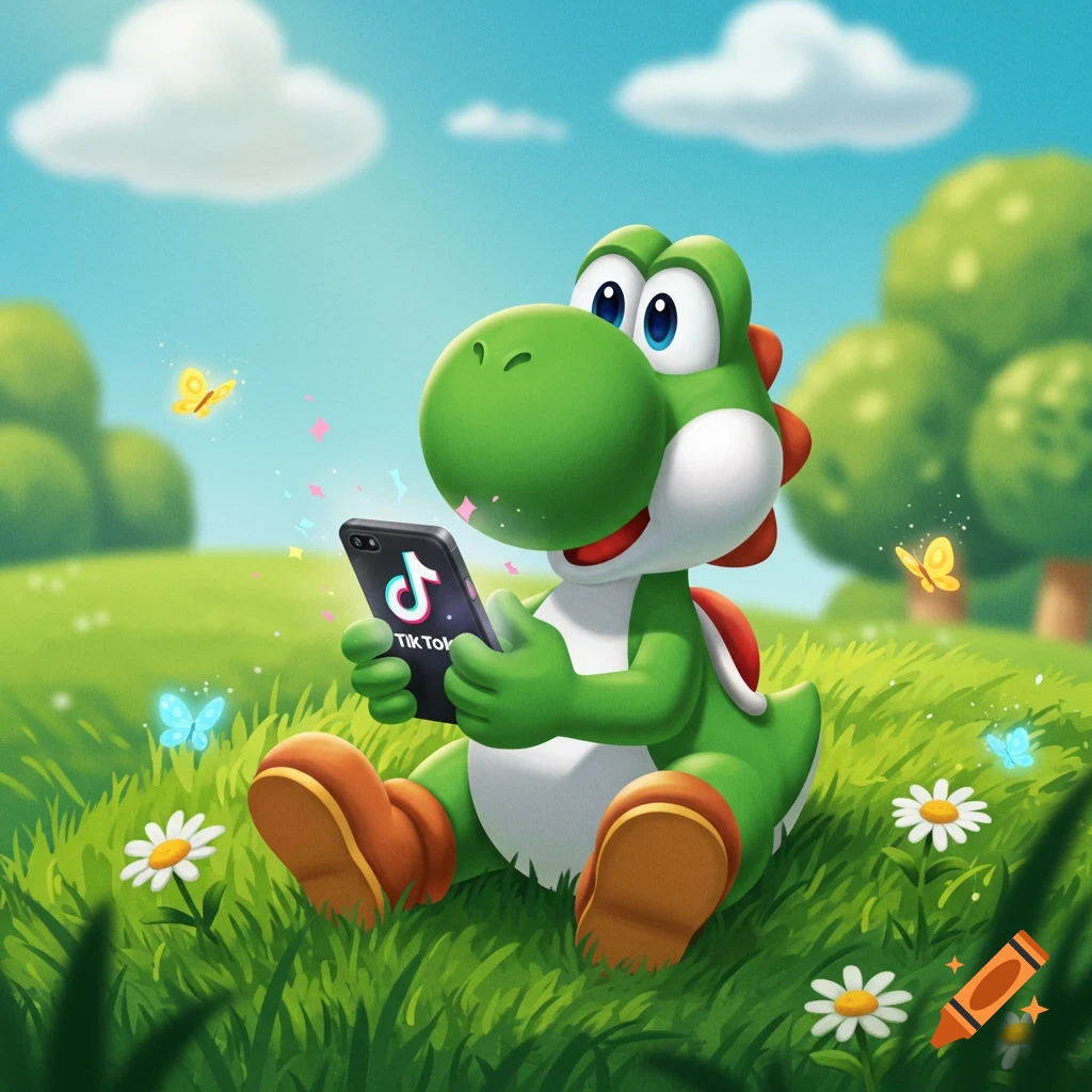 Yoshi sits in a green field, holding a smartphone displaying the TikTok logo, in a bright cartoon style.