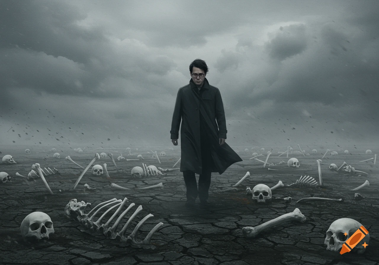 An Asian man in a trench coat walks through a desolate, cracked earth field littered with human skulls and bones under a stormy sky.