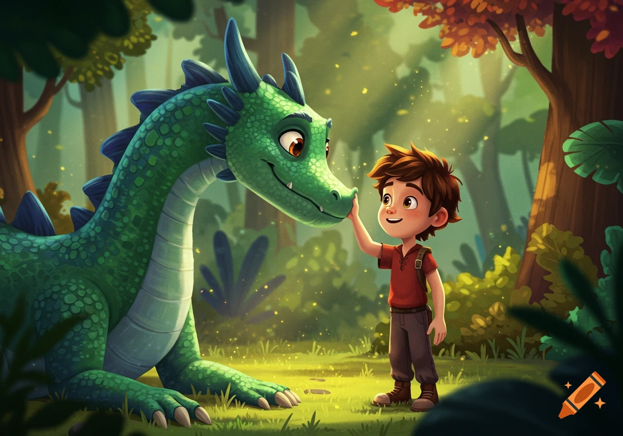 A happy cartoon boy gently touches the nose of a large, friendly green dragon in a sunlit, magical forest.
