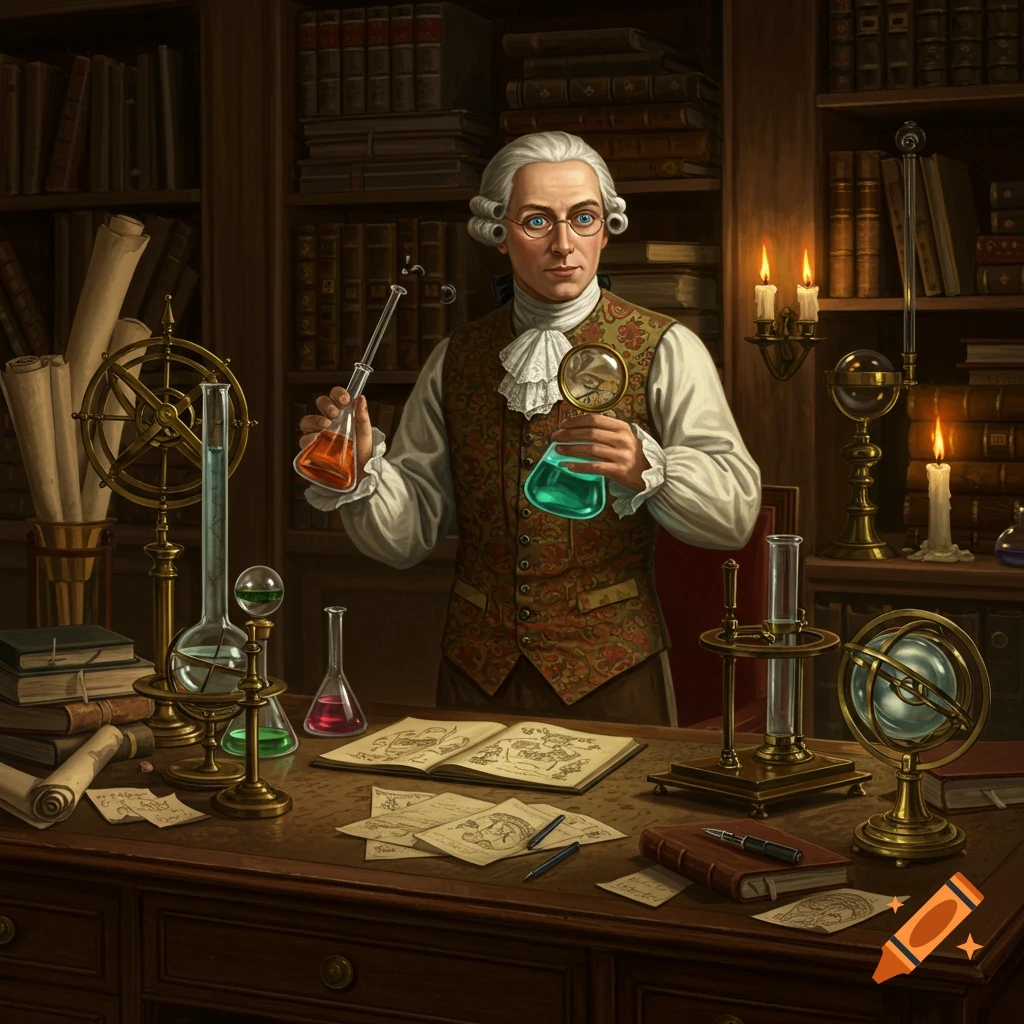 An 18th-century scientist in a powdered wig and waistcoat, holding beakers with colorful liquids in a dimly lit study filled with books and scientific instruments.