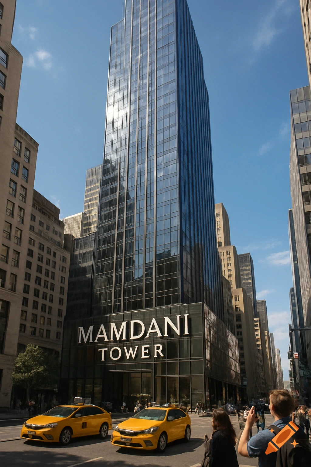 A tall, blue glass skyscraper displaying 'MAMDANI TOWER' on its facade, stands over a busy city street with yellow taxis, photorealistic.