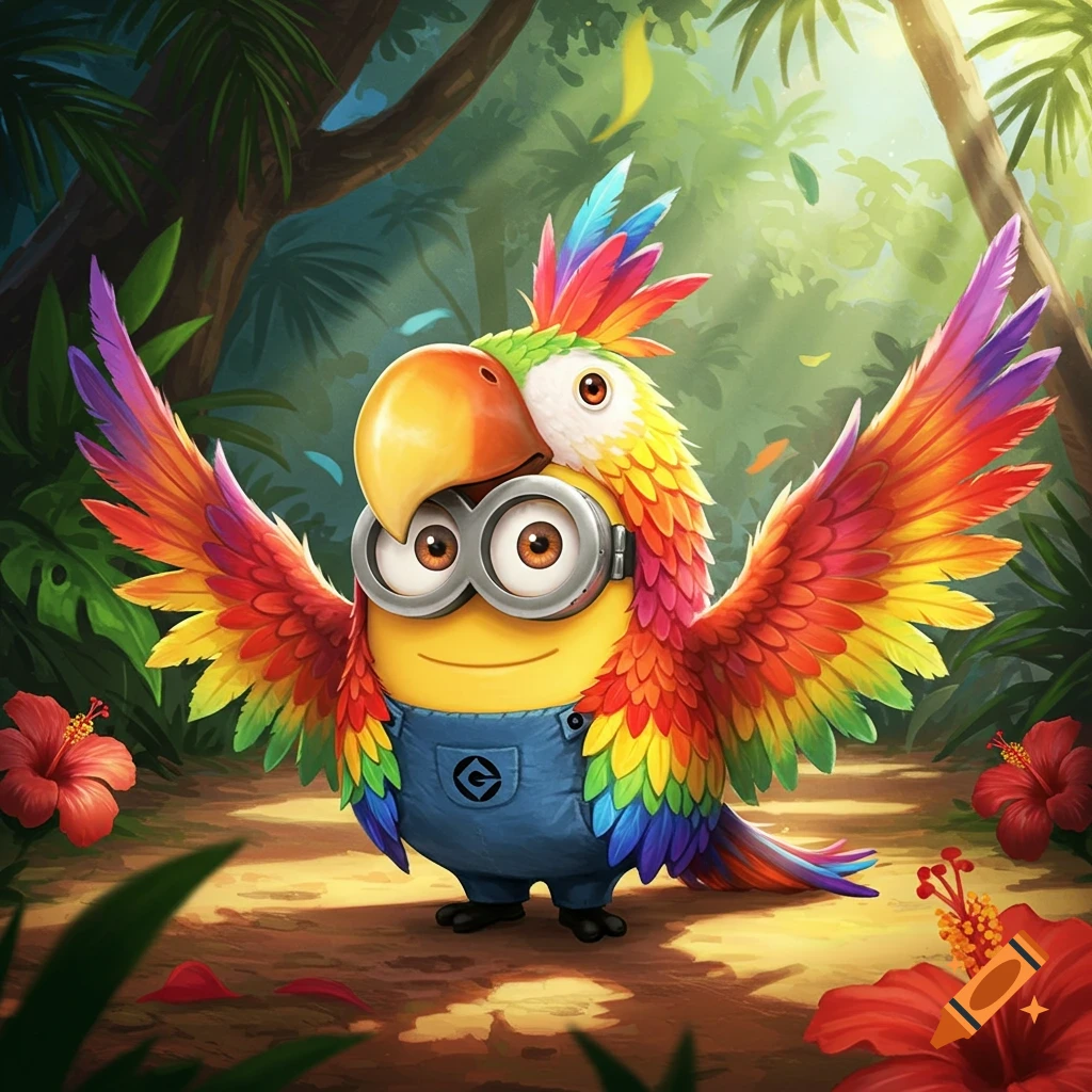A cute, colorful Minion character in a parrot costume stands in a lush tropical jungle.