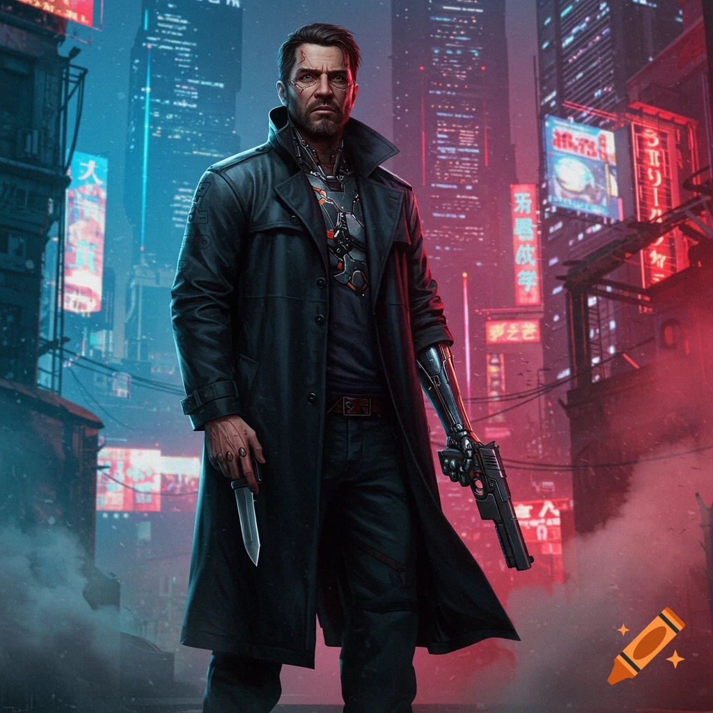 A man in a trench coat with a robotic arm, holding a gun and a knife, stands in a neon-lit cyberpunk city at night.