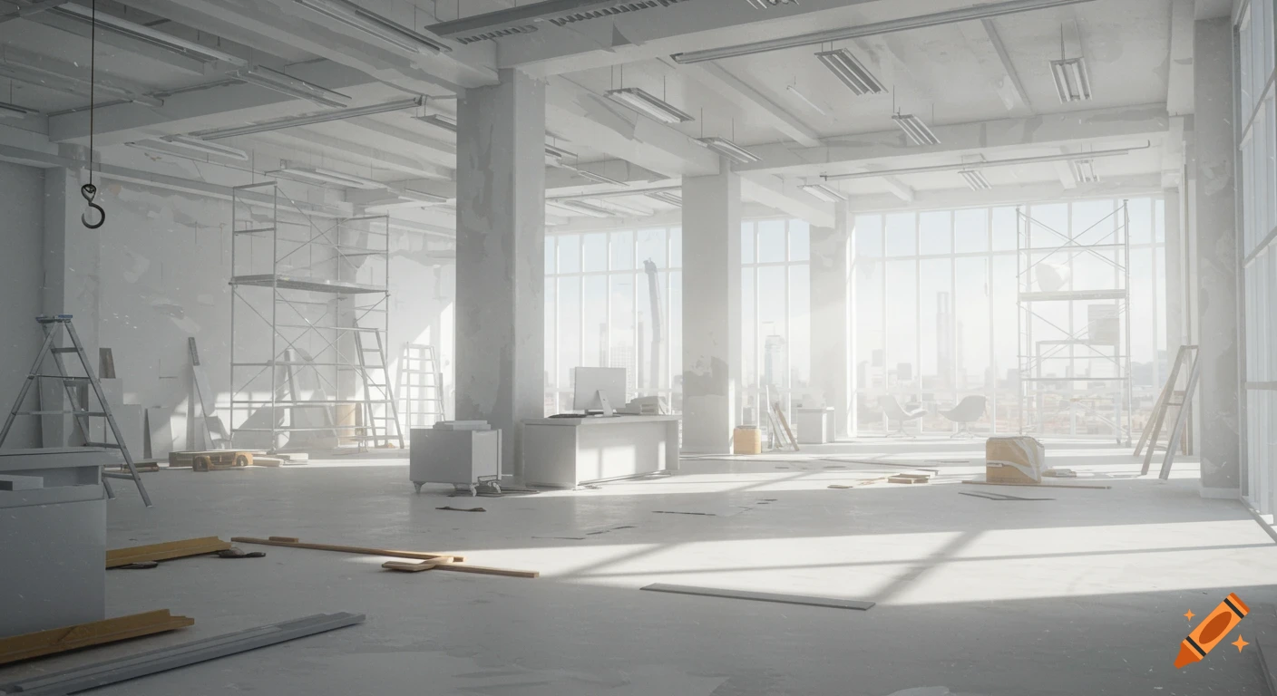 Bright, spacious, white and gray industrial-style room under renovation with scaffolding, ladders, and natural light.