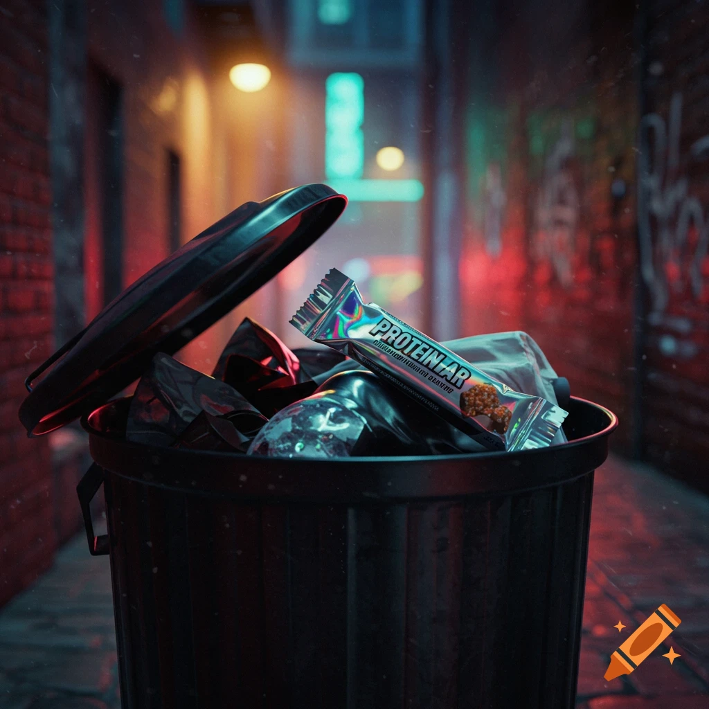A shiny protein bar with 'PROTEIN-AR' on the wrapper sits inside a black trash can in a neon-lit urban alleyway.