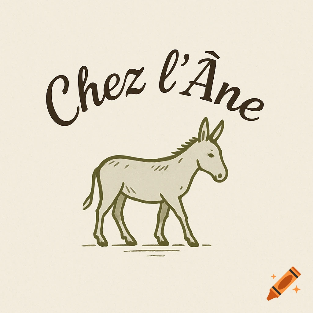 A cream-colored logo featuring a stylized brown donkey illustration with the text "Chez l'Âne" above it in a handwritten font.