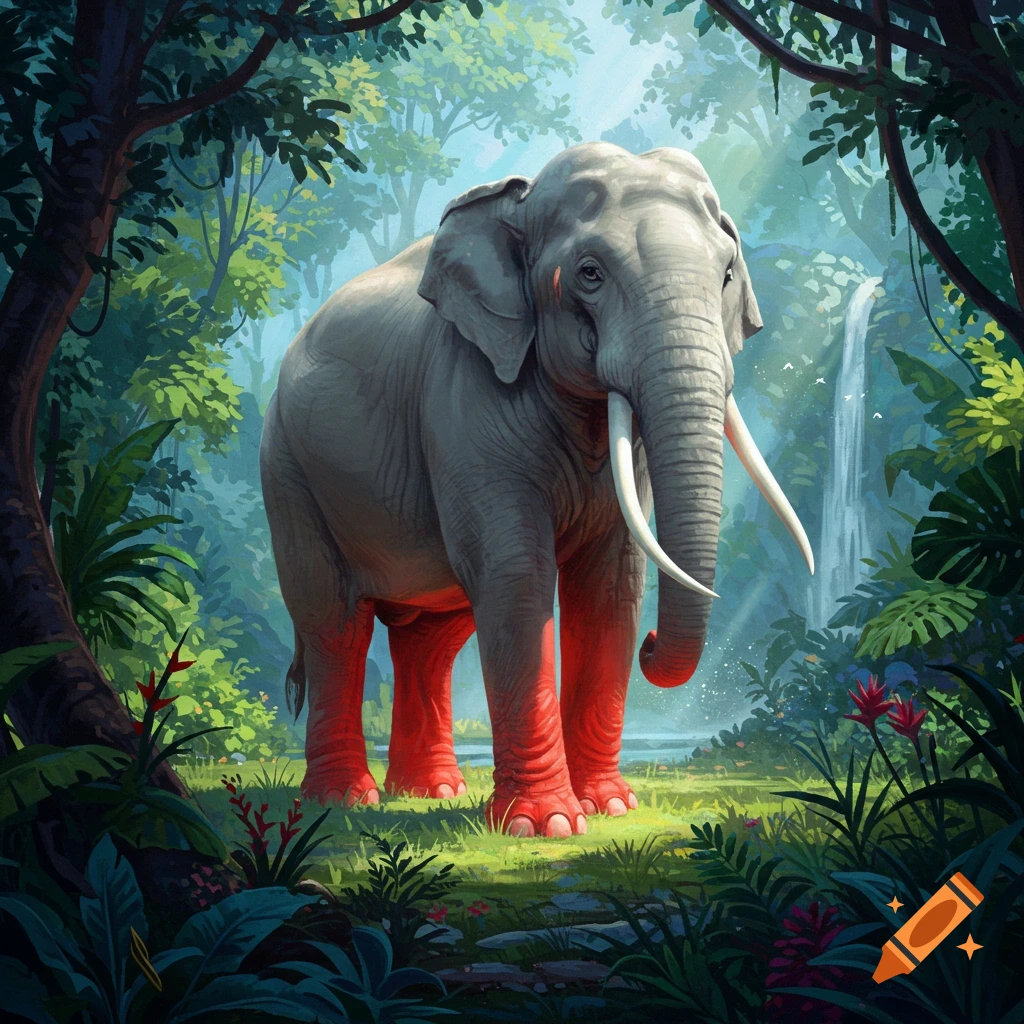 Illustration of a large gray elephant with bright red legs and white tusks standing in a vibrant jungle with a waterfall.