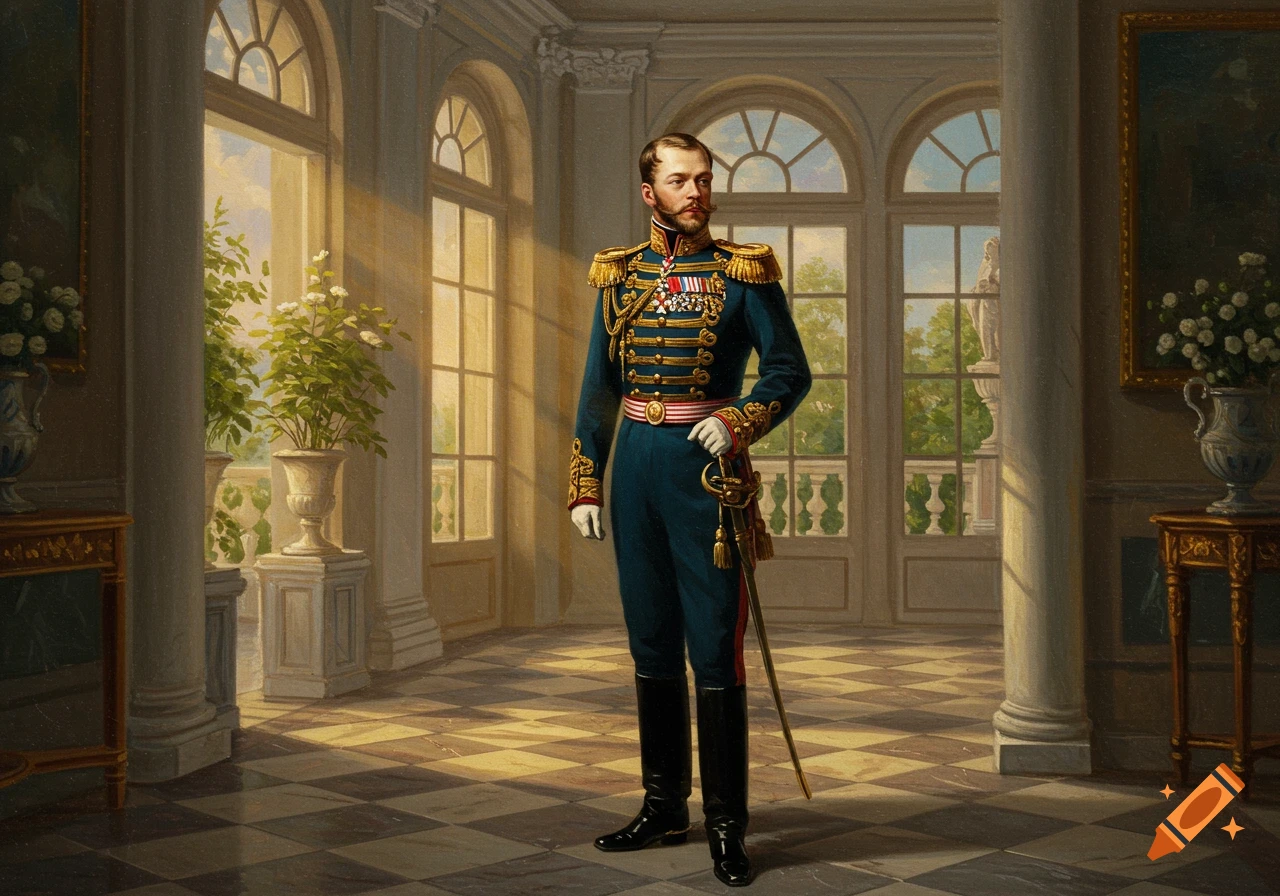 A man in a detailed blue and gold military uniform stands in a grand hall with checkered floors and large windows, in an oil painting style.
