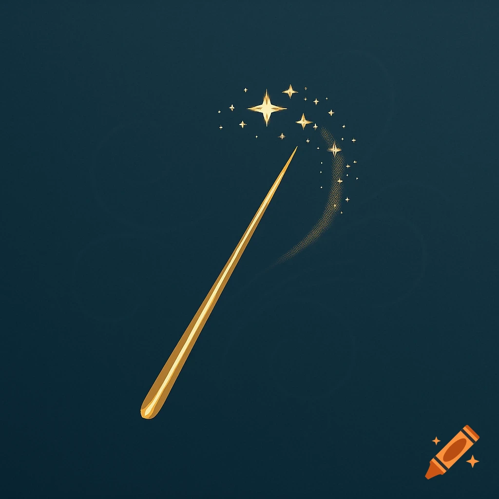 A golden magic wand emits sparkling golden stars against a dark blue background.