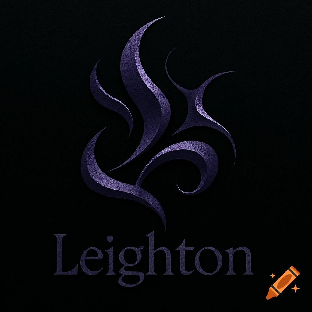 A dark purple abstract logo with flowing shapes and the word 'Leighton' beneath it.