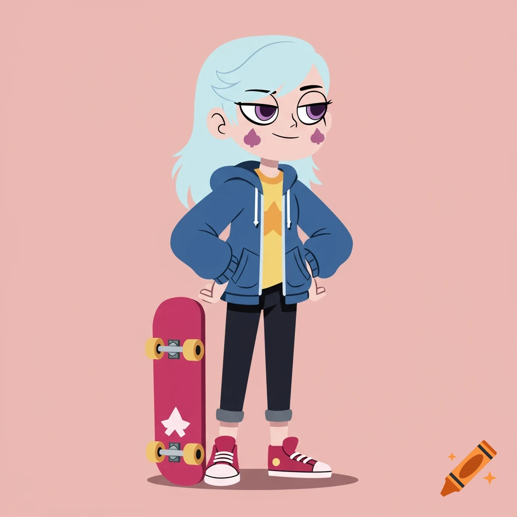 Light blue-haired cartoon girl, Jackie Lynn Thomas, in a blue hoodie stands next to a pink skateboard on a pink background.