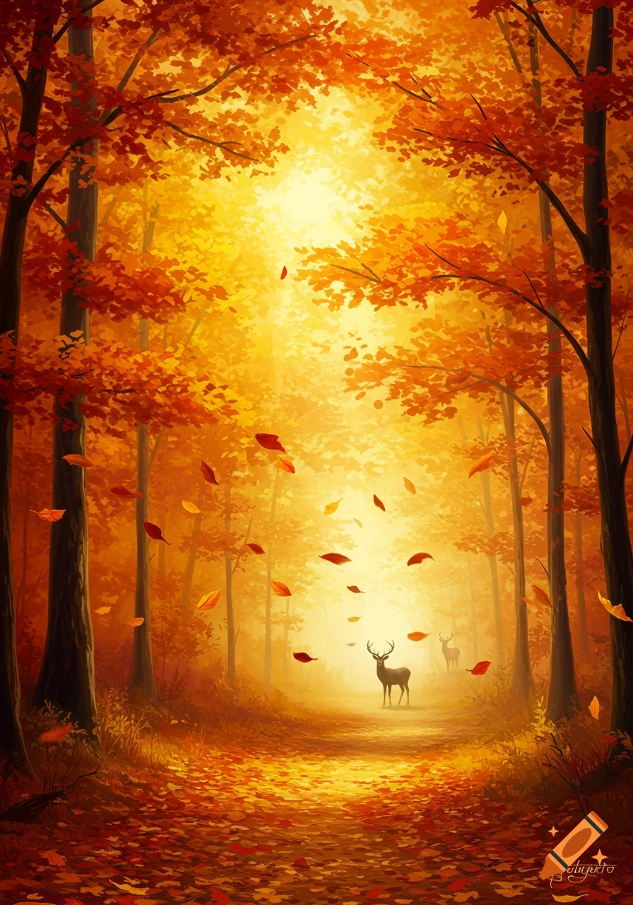 A vibrant autumn forest path illuminated by golden light, with red-orange leaves falling and two deer in the distance.