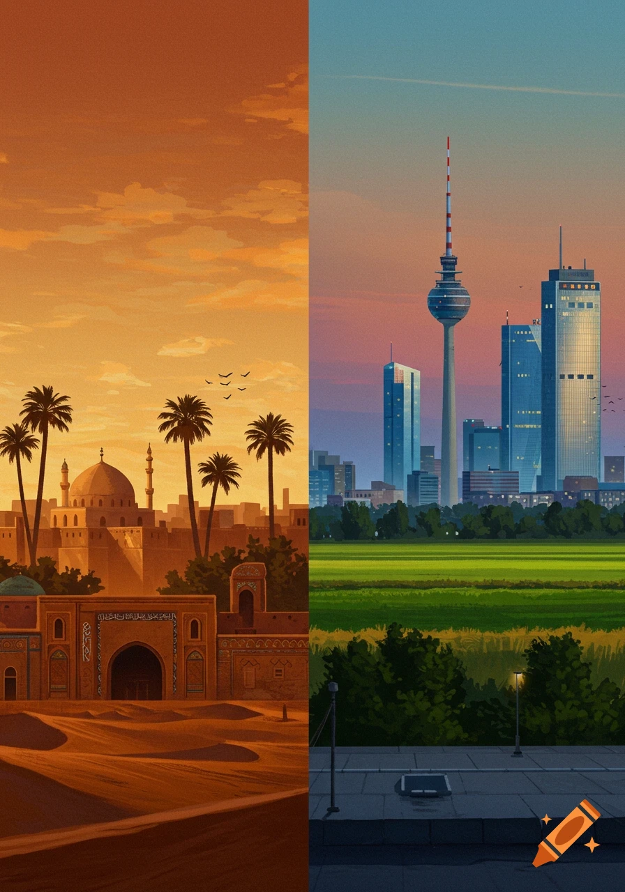 Split image: desert city with mosque and palm trees on left, modern city with TV tower and green fields on right, stylized illustration.