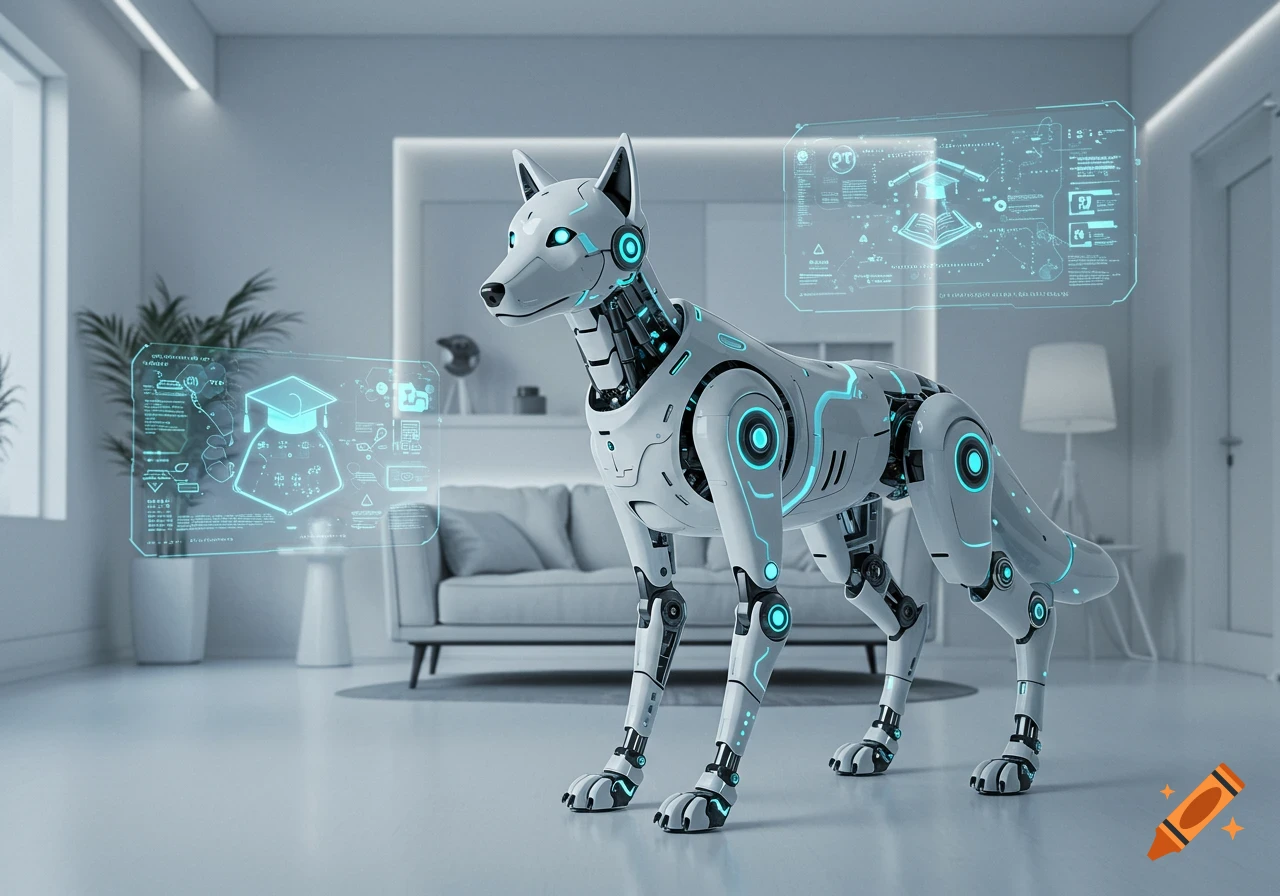 A white and blue robotic wolf stands in a modern, minimalist room with holographic displays showing data.