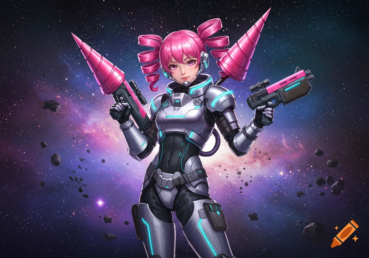 An anime woman in futuristic silver and blue armor holding pink and black weapons, standing in space.