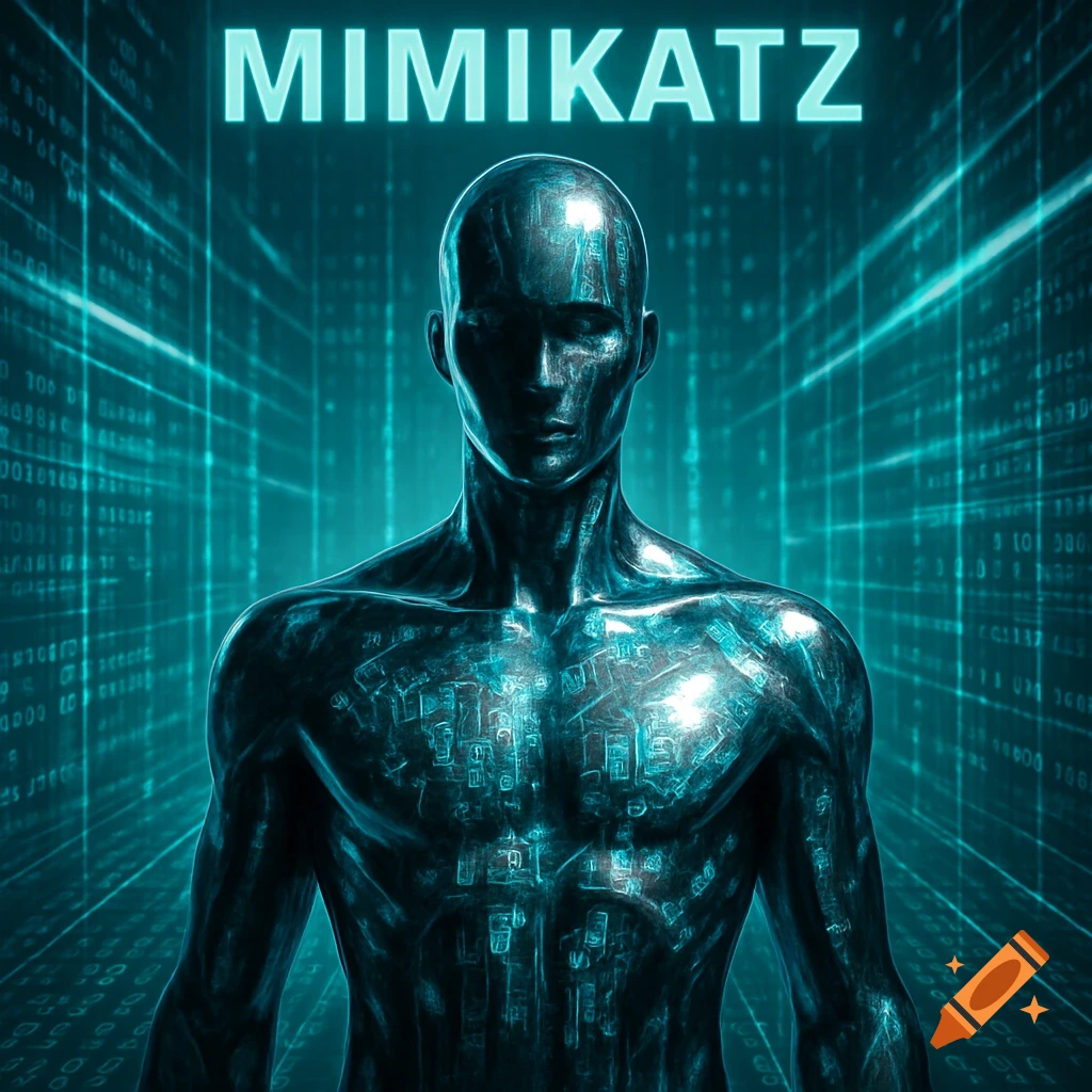 A metallic humanoid figure with internal circuitry, against a blue digital grid background. The word MIMIKATZ glows at the top.