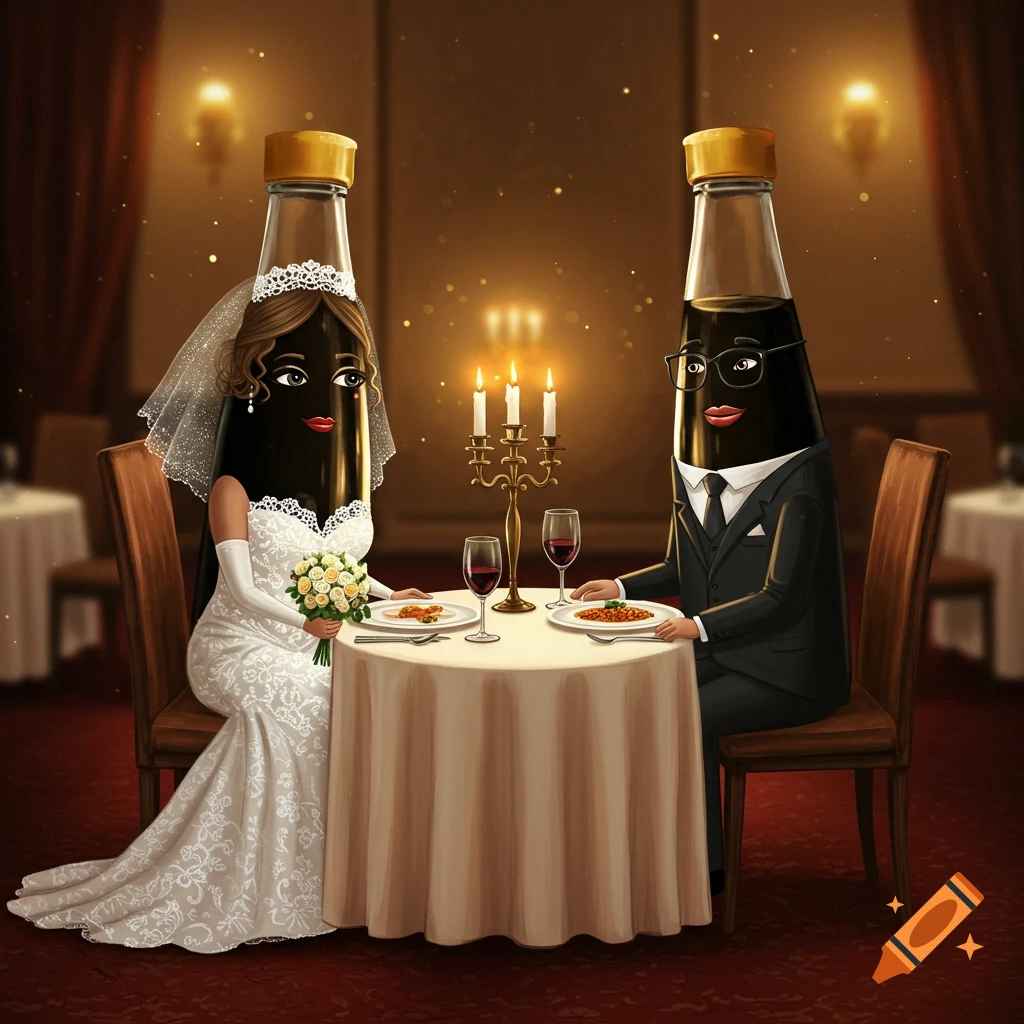 Illustration of anthropomorphic soy sauce bottles dressed as a bride and groom having a romantic dinner in a restaurant.
