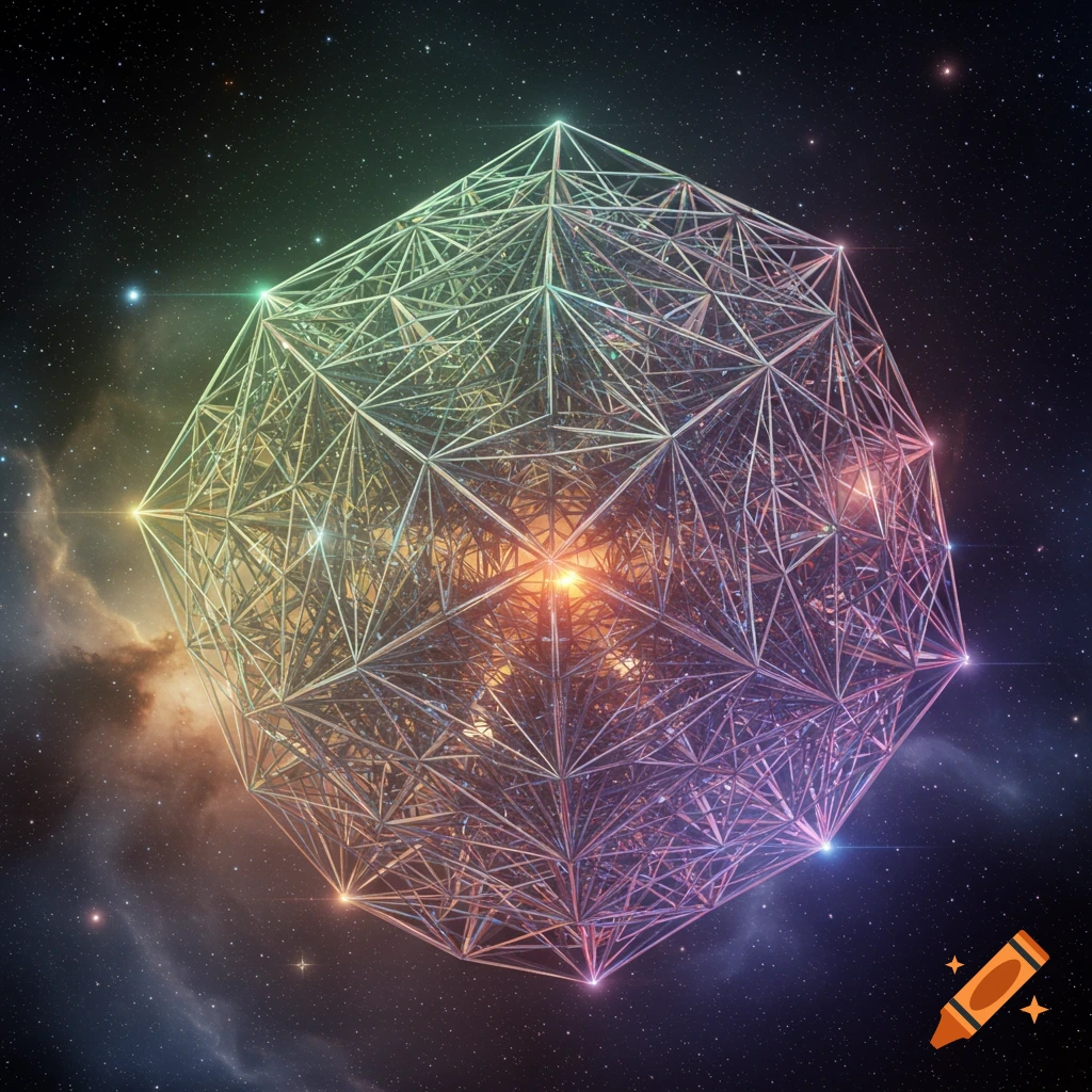 A complex, iridescent geometric polyhedron floats in a star-filled cosmos with colorful nebulae.