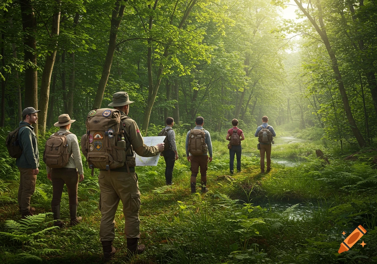 A group of hikers with backpacks and a map walk through a lush green forest, following a winding stream in soft sunlight. Photorealistic style.
