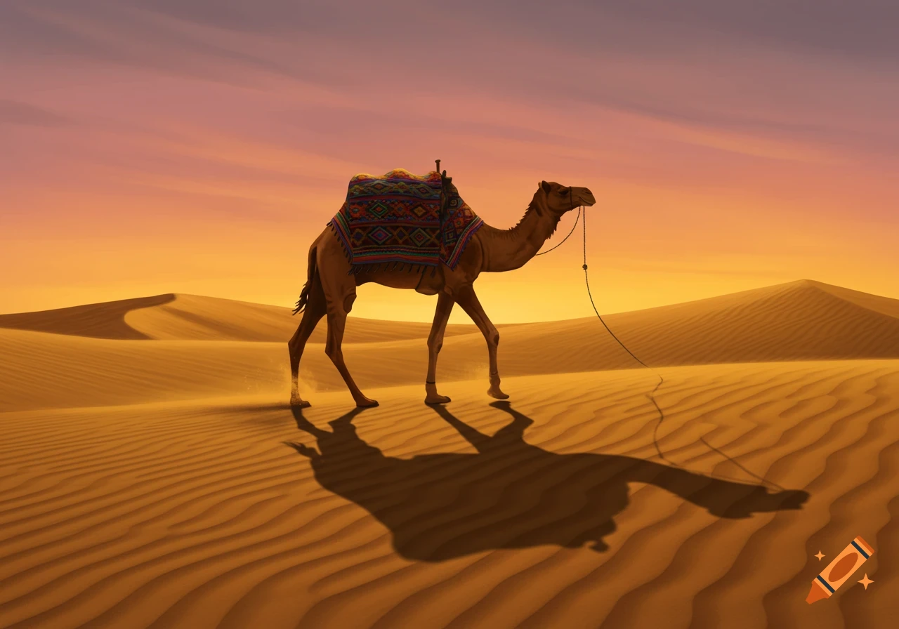 A camel walks across a desert with sand dunes against an orange and purple sunset sky.