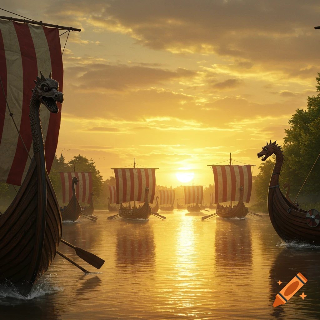 Many Viking longships with striped sails sail on a golden river at sunset with forested banks.
