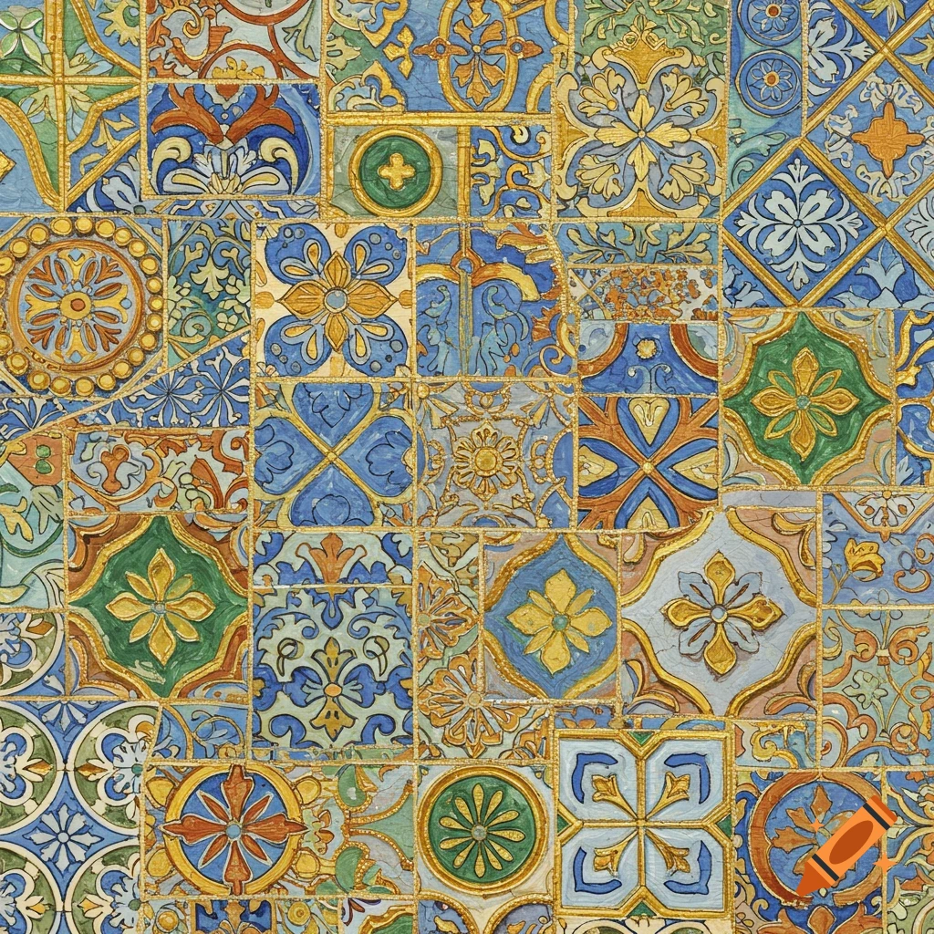 Vibrant mosaic tile pattern with intricate floral and geometric designs in blue, gold, green, and orange.