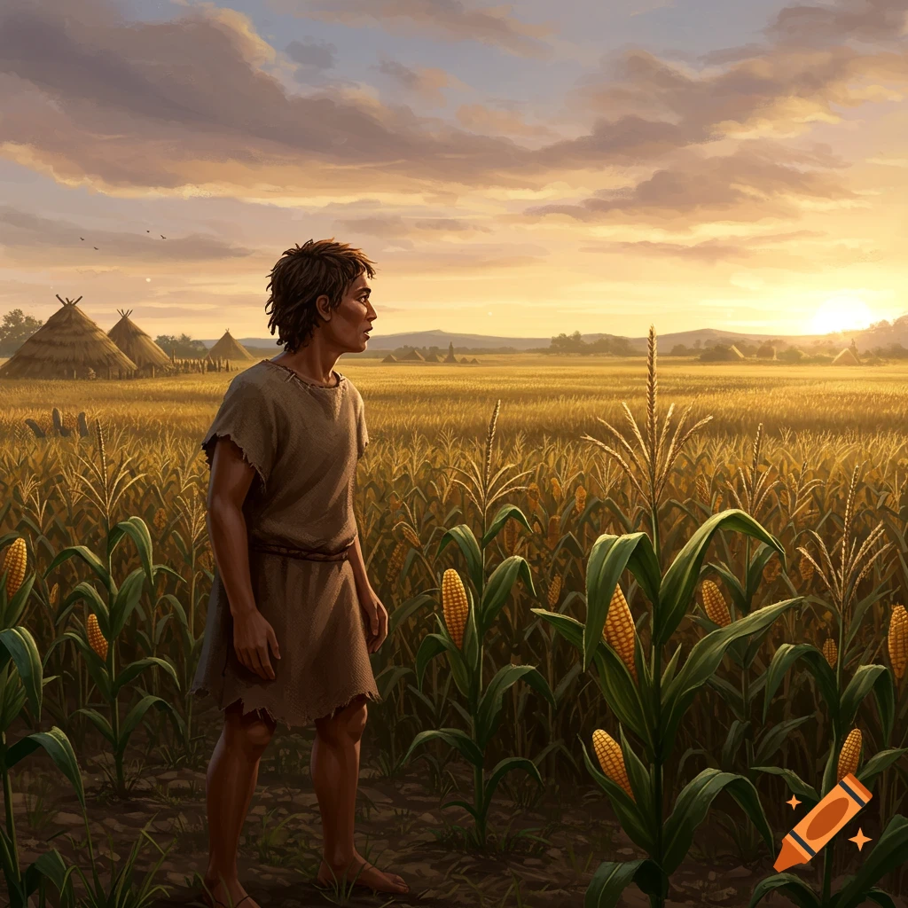 A person from the Neolithic era stands barefoot in a cornfield, looking out at a settlement under a golden sunset.