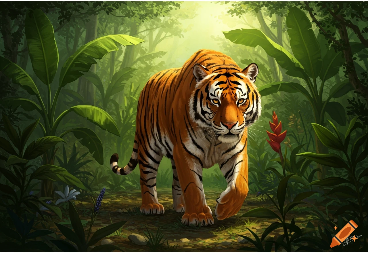 A majestic Bengal tiger walks through a lush, sunlit tropical jungle.