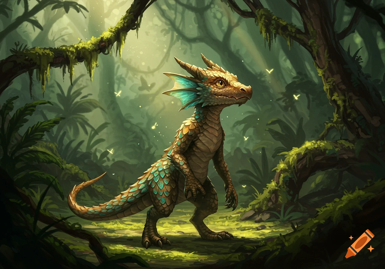 A small, scaly, bipedal fantasy creature with teal fins and golden eyes stands in a lush, sunlit jungle.