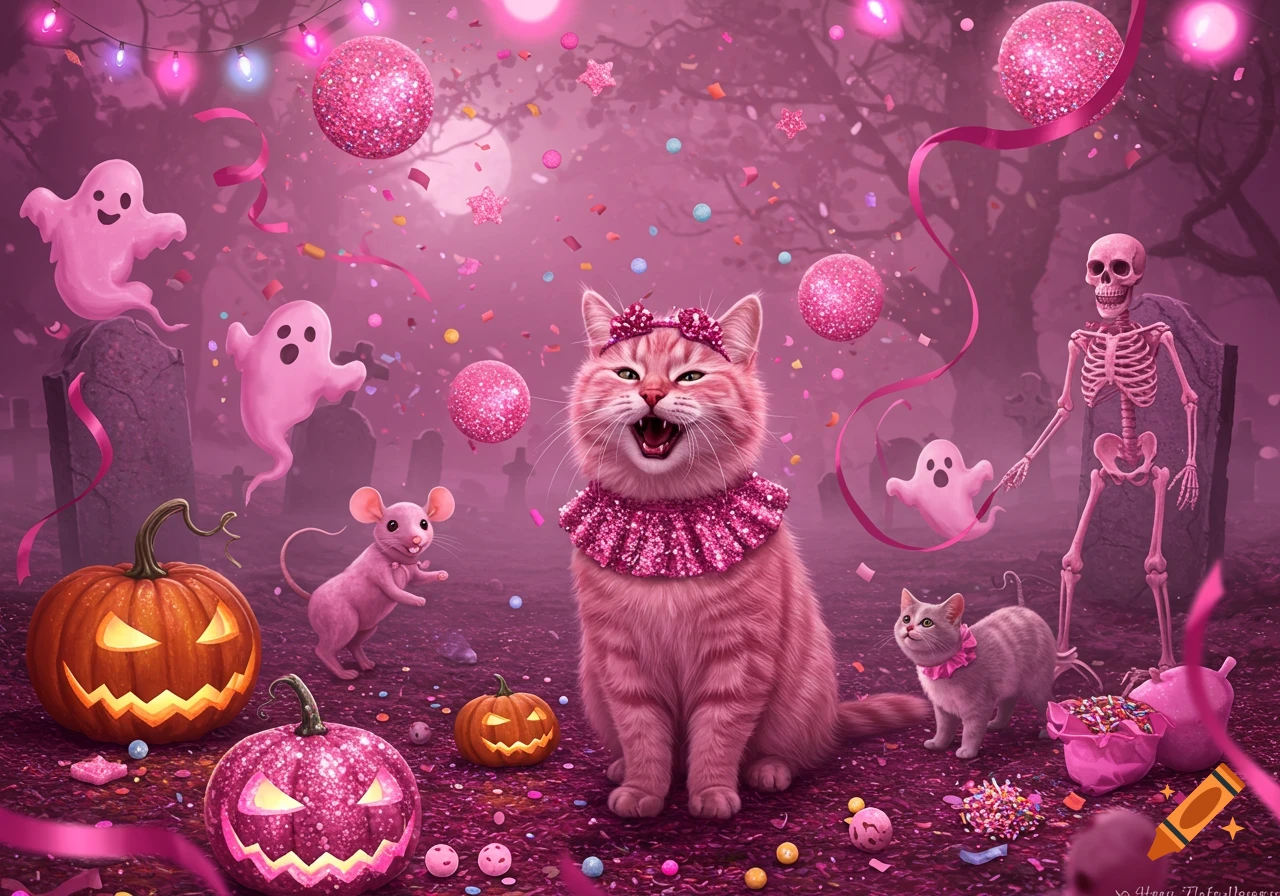 A happy pink cat in a sparkly costume at a pink Halloween party with ghosts, pumpkins, a mouse, a skeleton, and confetti in a graveyard.