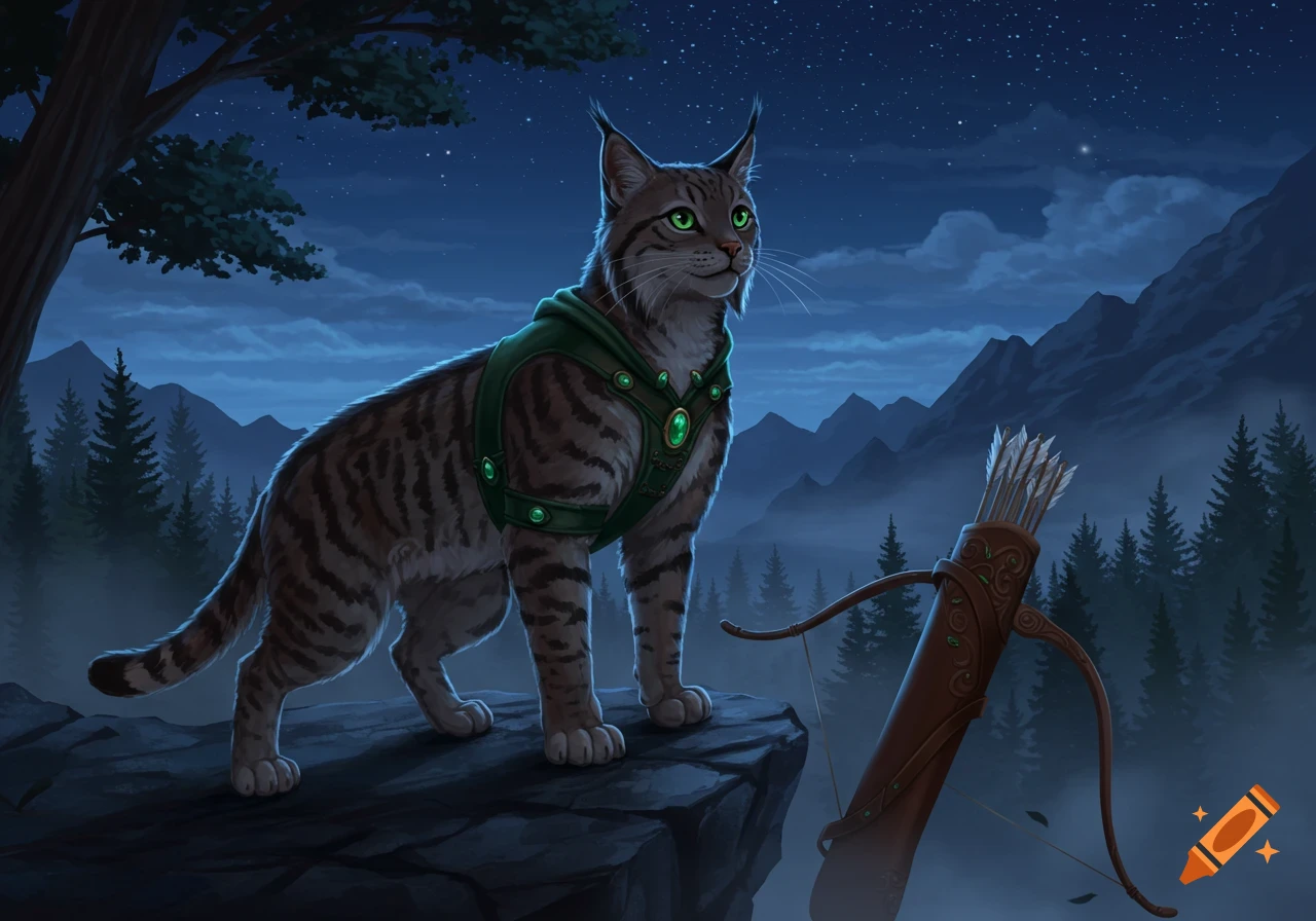 A majestic lynx-like cat in a green, emerald-studded harness stands on a cliff overlooking a misty, starlit forest, with a crossbow nearby.