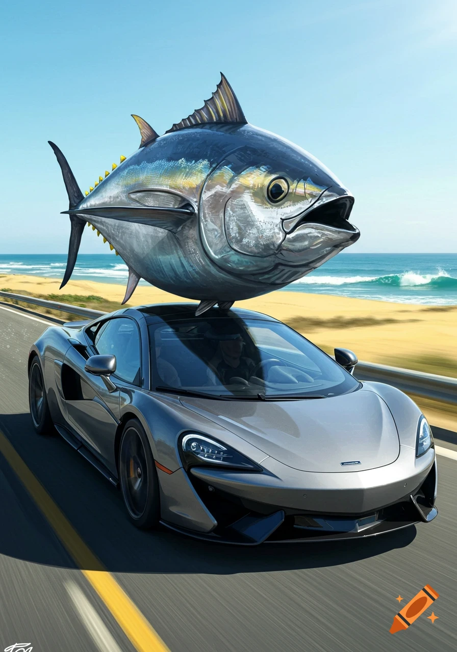 A giant tuna fish riding on top of a silver McLaren sports car on a coastal road by the ocean. Photorealistic style.