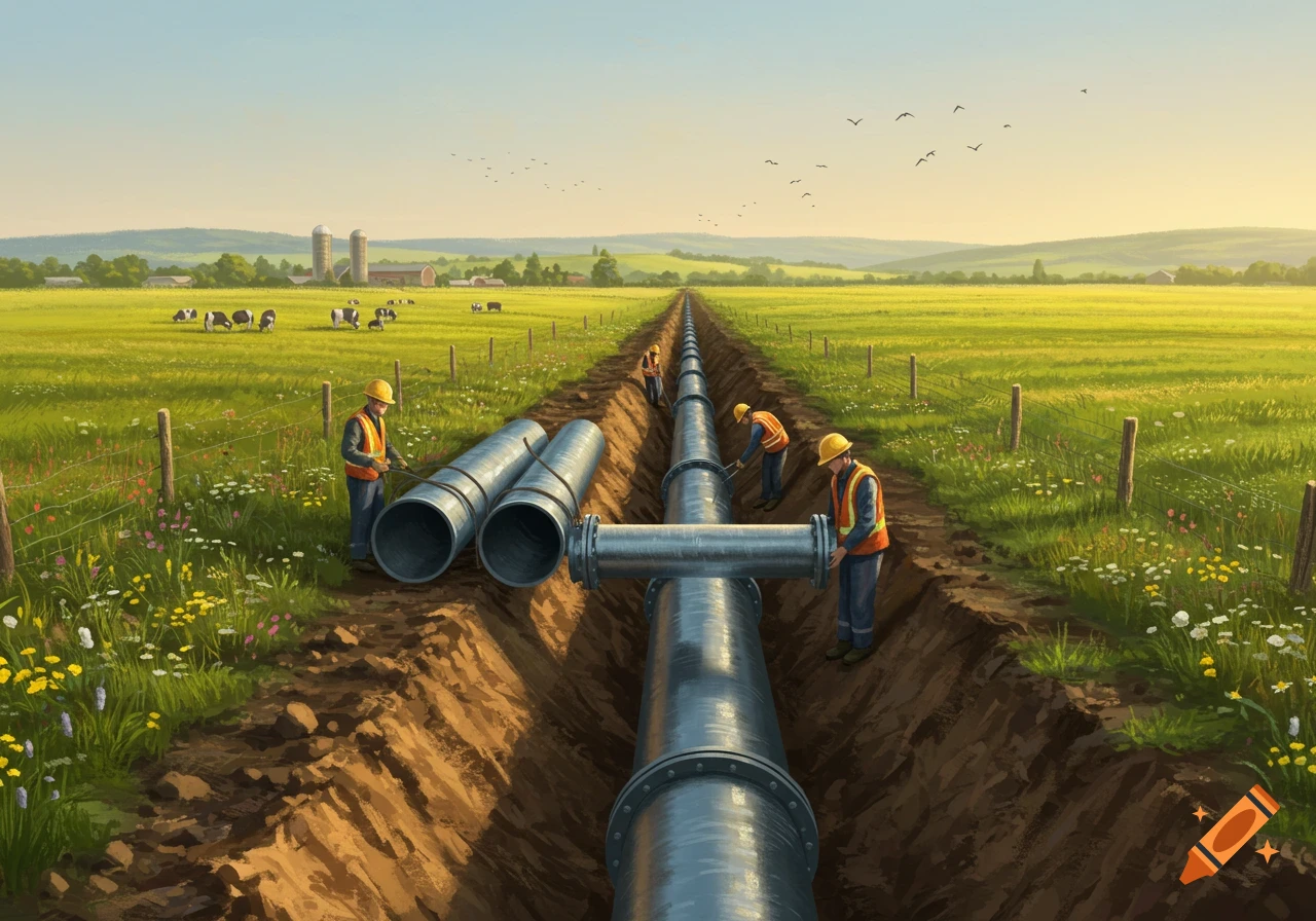 Illustrative image of workers installing a large pipeline in a trench through a green rural landscape with a farm.