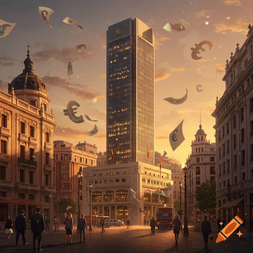 Photorealistic cityscape at sunset with a tall skyscraper and people, as Euro symbols float in the sky.
