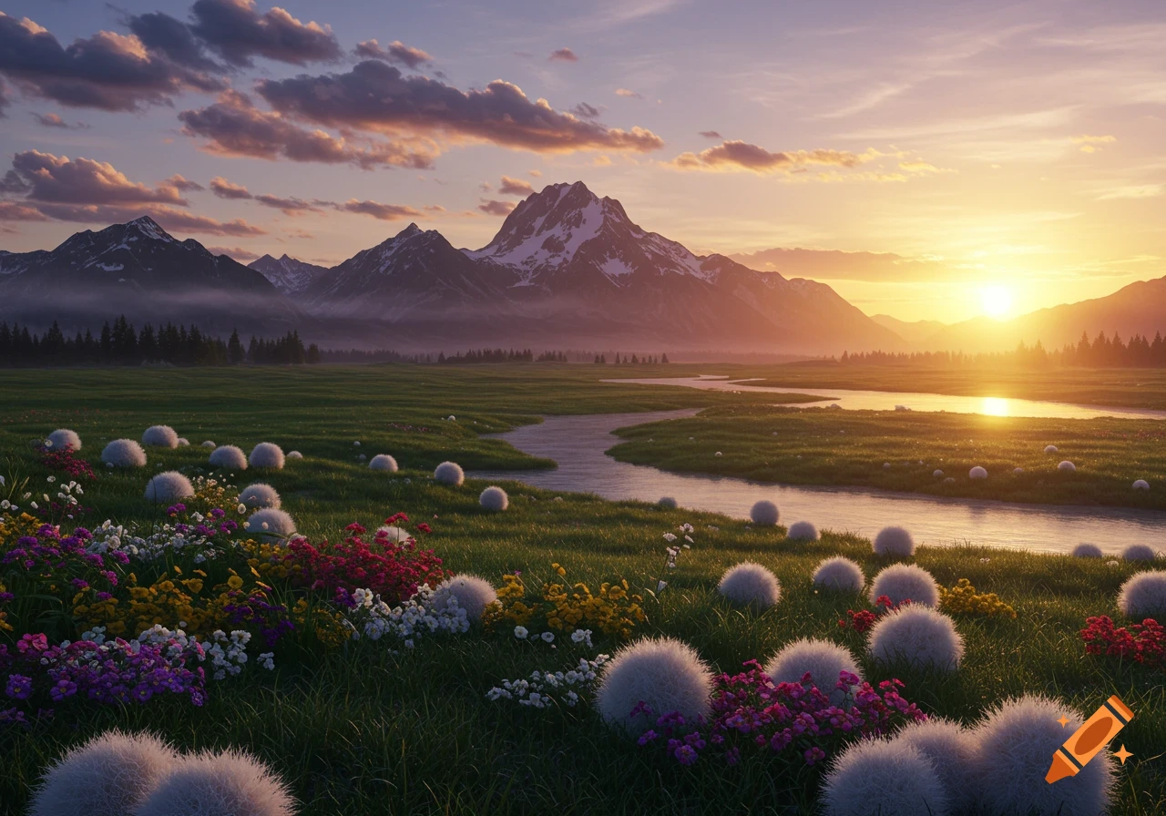 A vibrant sunset illuminates snow-capped mountains and a winding river in a green meadow filled with colorful wildflowers and fluffy white plants.