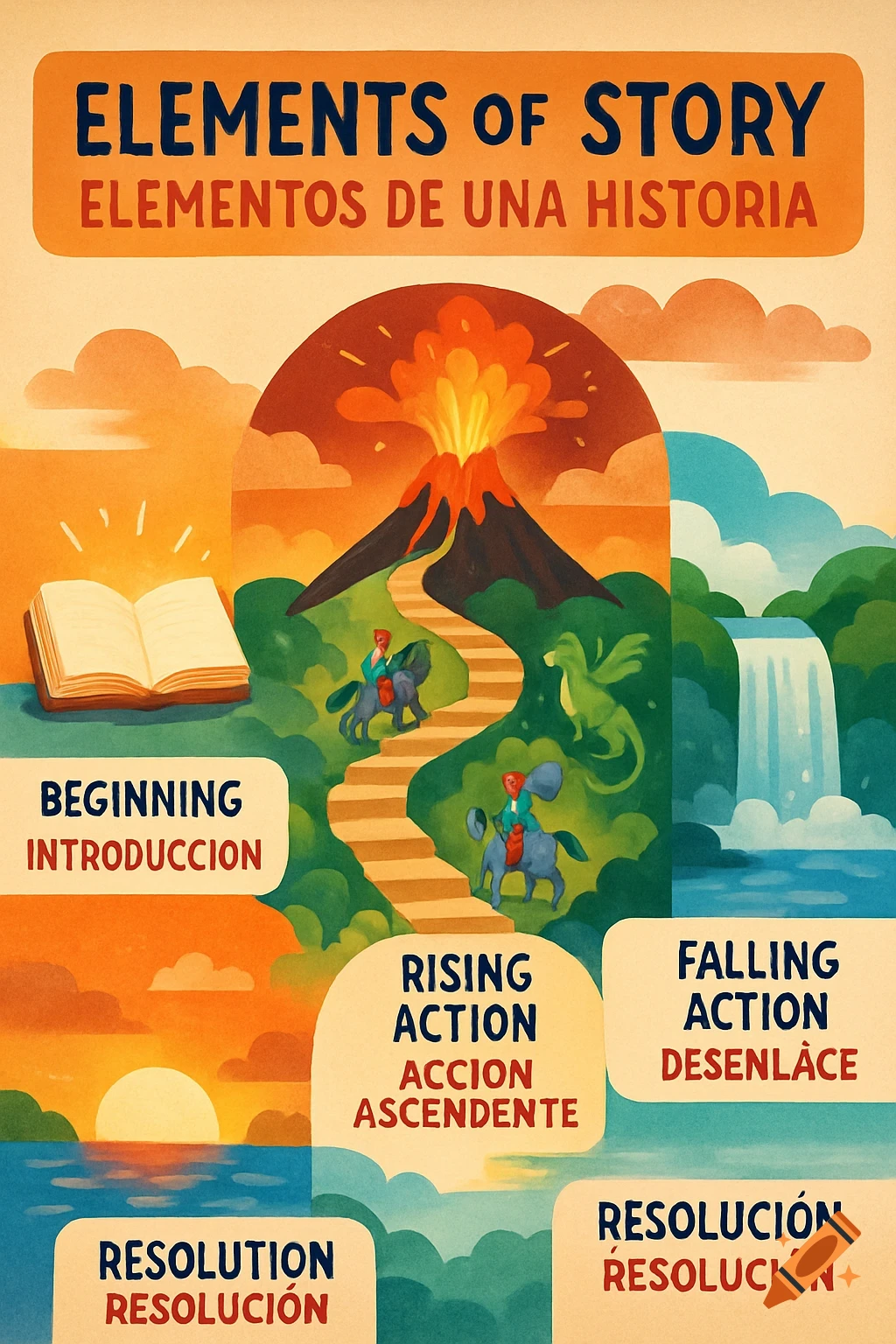 A colorful educational poster illustrating the elements of a story arc, with labels in English and Spanish. Visuals include an open book, a winding path leading to an erupting volcano, a waterfall, and a sunset over the ocean.