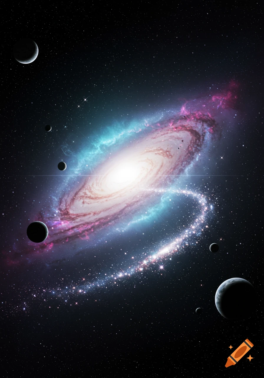 A vibrant spiral galaxy with blue and pink nebulous arms, surrounded by multiple dark planets and stars in deep space.