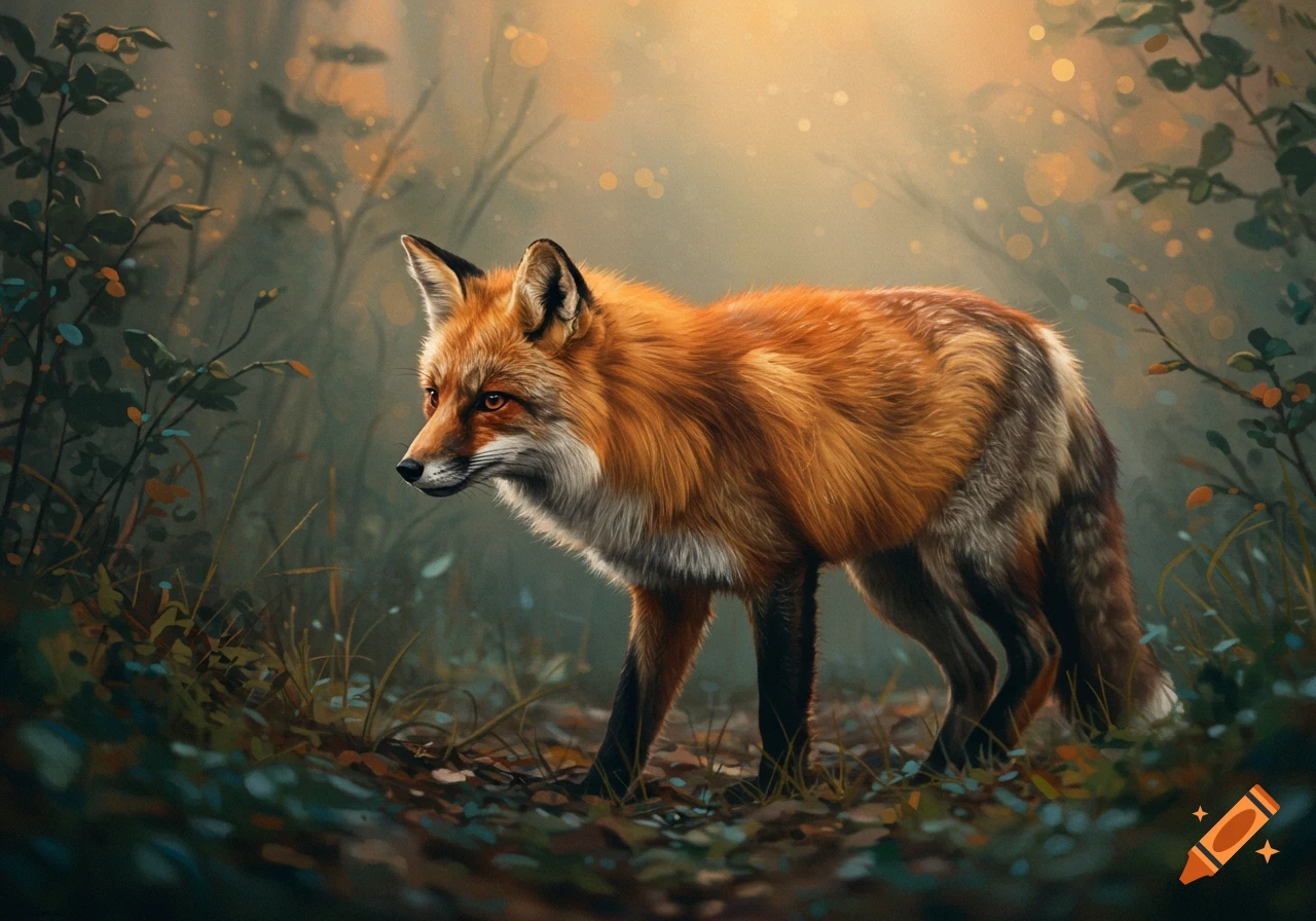 A red fox with a white chest walks through a mystical forest with bokeh lights.