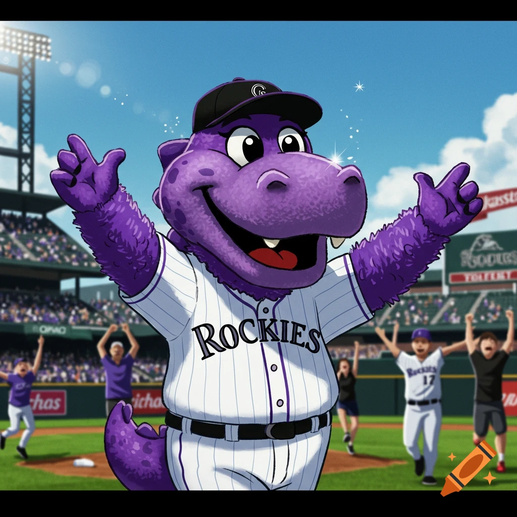 A cartoon purple dinosaur mascot, Dinger, wearing a white baseball uniform with "ROCKIES" on it, raises its arms on a sunny baseball field.