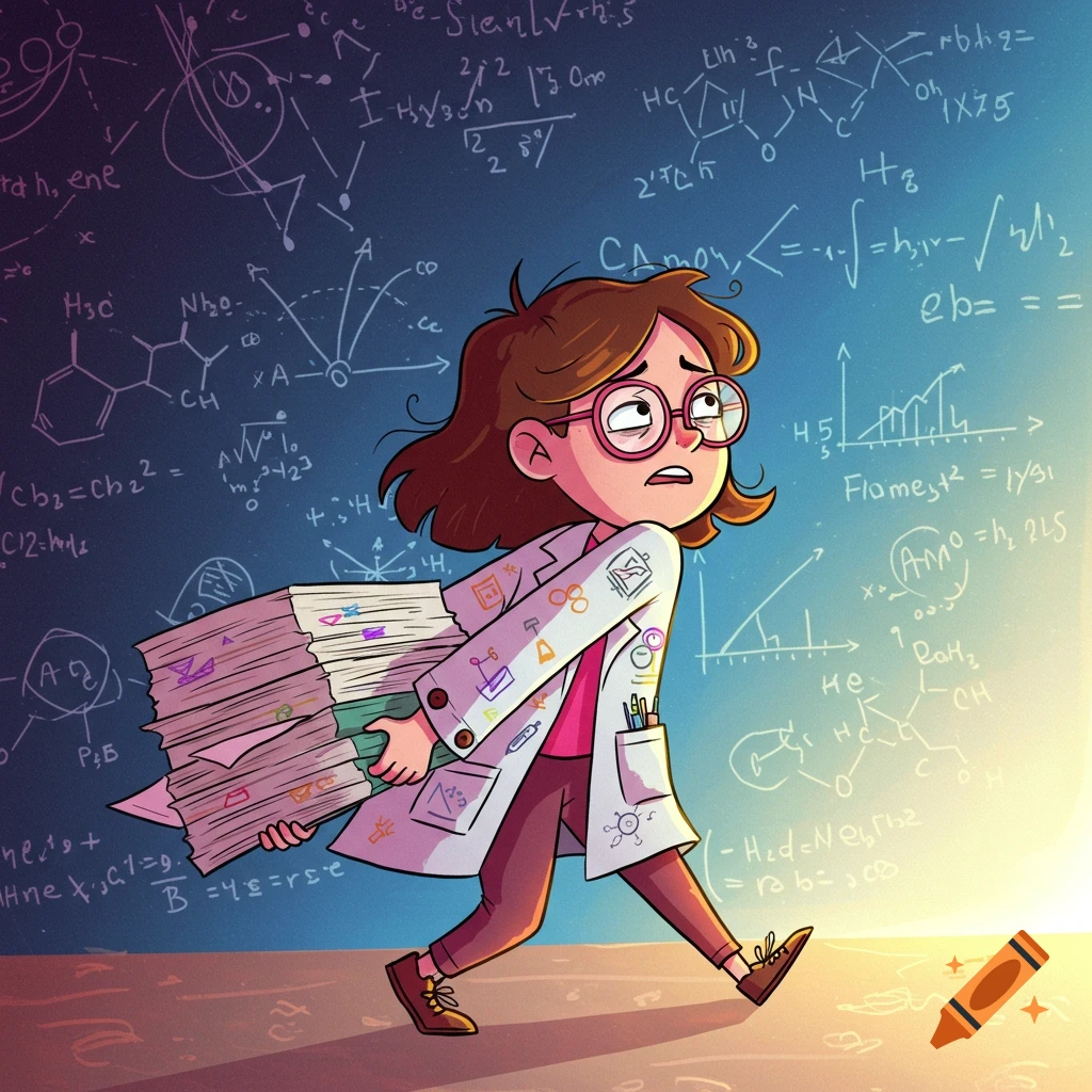 A cartoon female scientist in pink glasses and a lab coat, carrying a huge stack of books, walks against a background of scientific formulas.