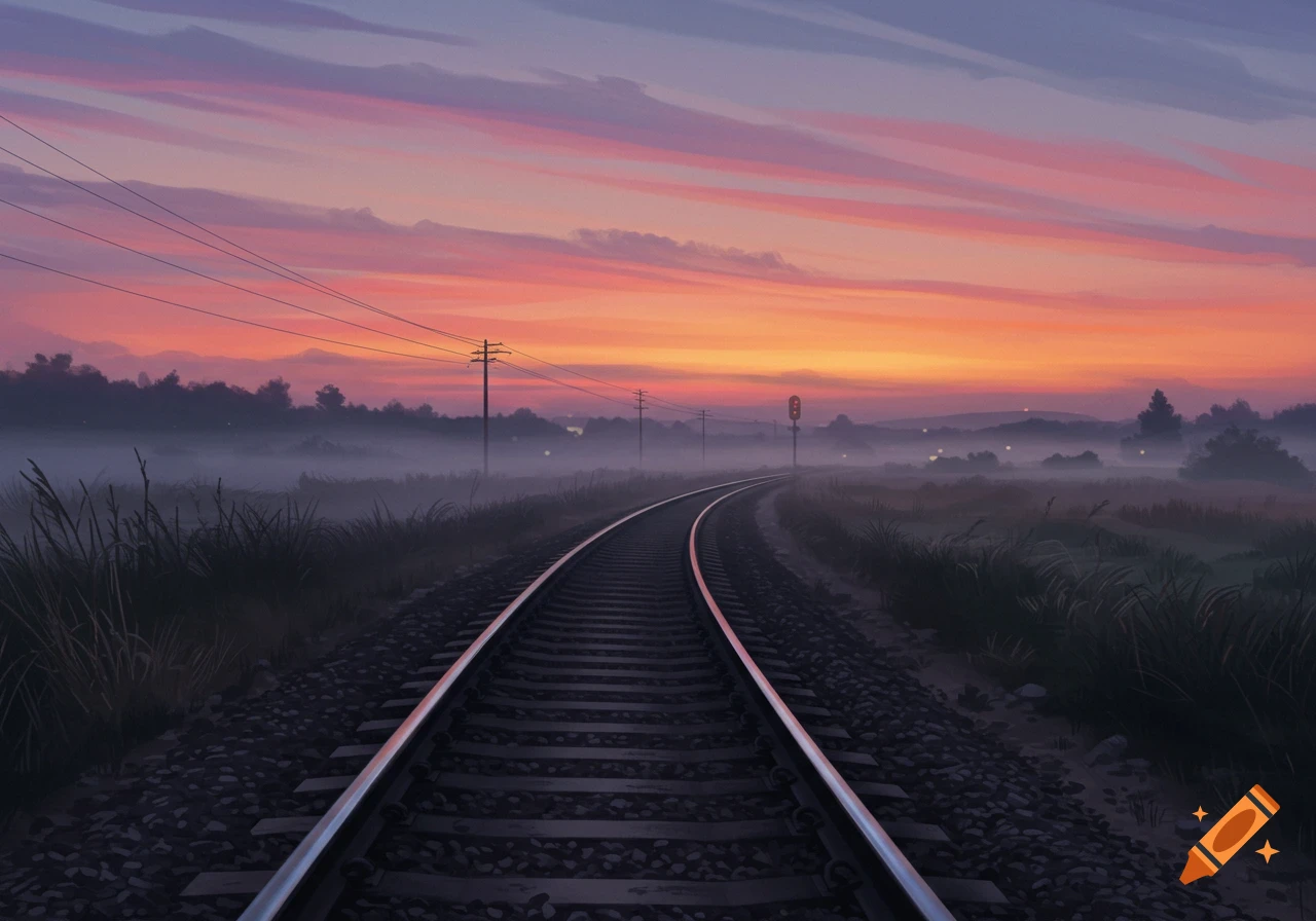 A train track curves through a misty field at sunset, with power lines and a distant signal light under an orange and pink sky.