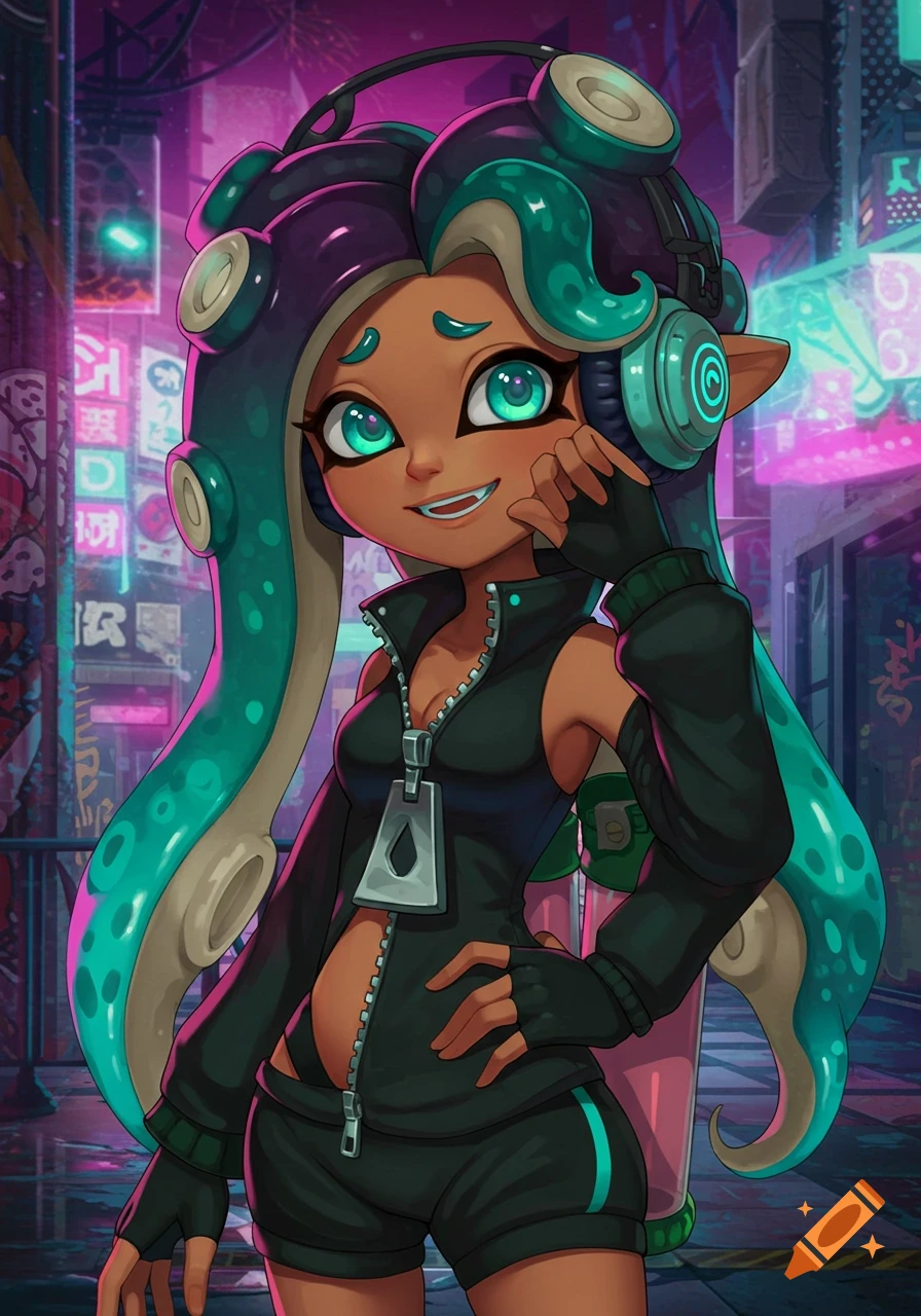 Anime-style illustration of Marina from Splatoon, an Octoling girl with teal tentacles, headphones, and a black outfit, smiling in a neon cyberpunk city street.