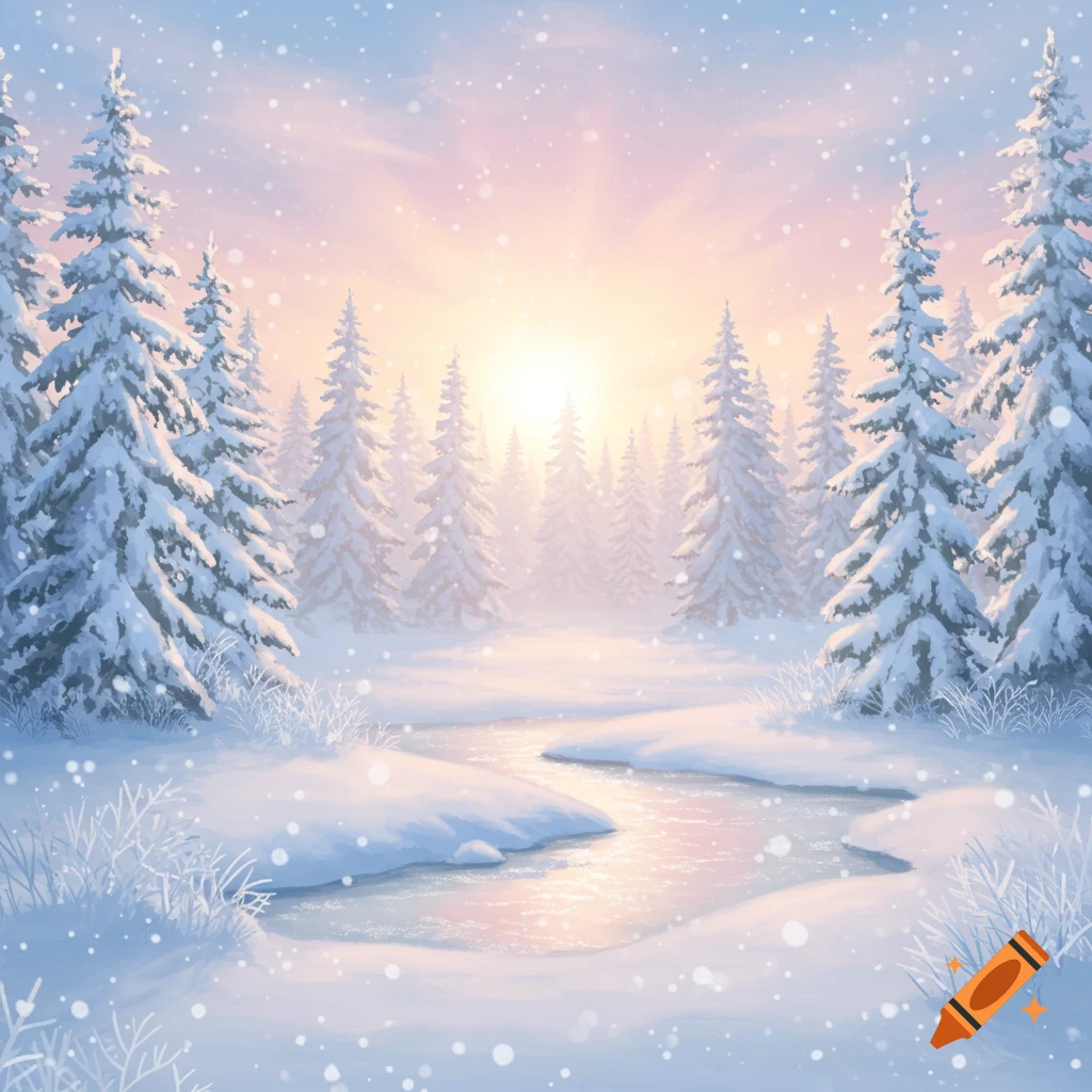 Serene winter landscape with snow-covered pine trees, a winding stream reflecting a glowing sunrise, and falling snow.