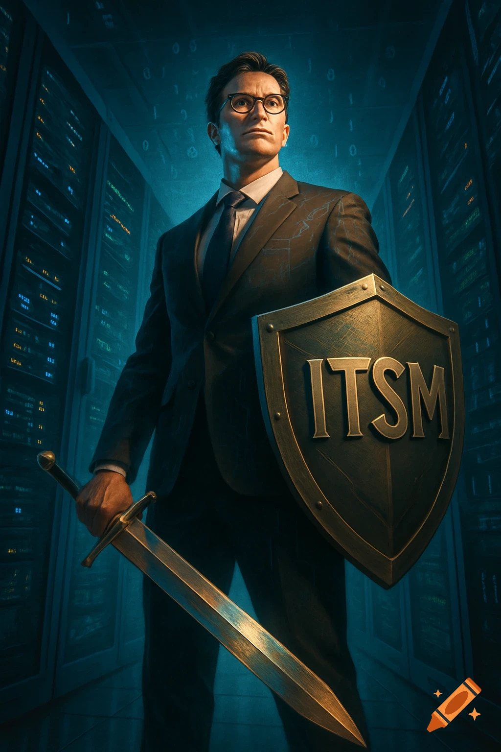 A man in a suit and glasses holds a sword and a shield with 'ITSM' on it, standing in a dark server room. Photorealistic.
