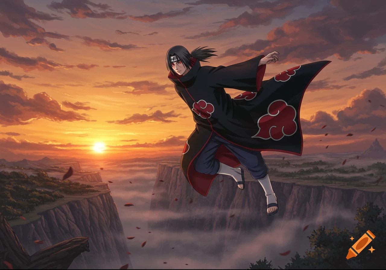 Anime illustration of Itachi from Naruto flying over a vast valley at sunset, with red leaves falling.