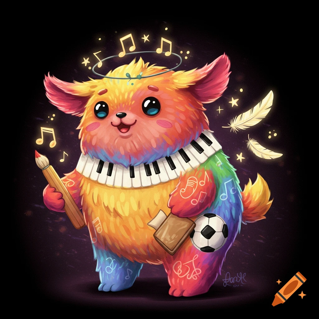 A vibrant, fluffy, rainbow-colored creature with big eyes, holding a paintbrush and book, decorated with piano keys, music notes, soccer ball, feathers, and stars.