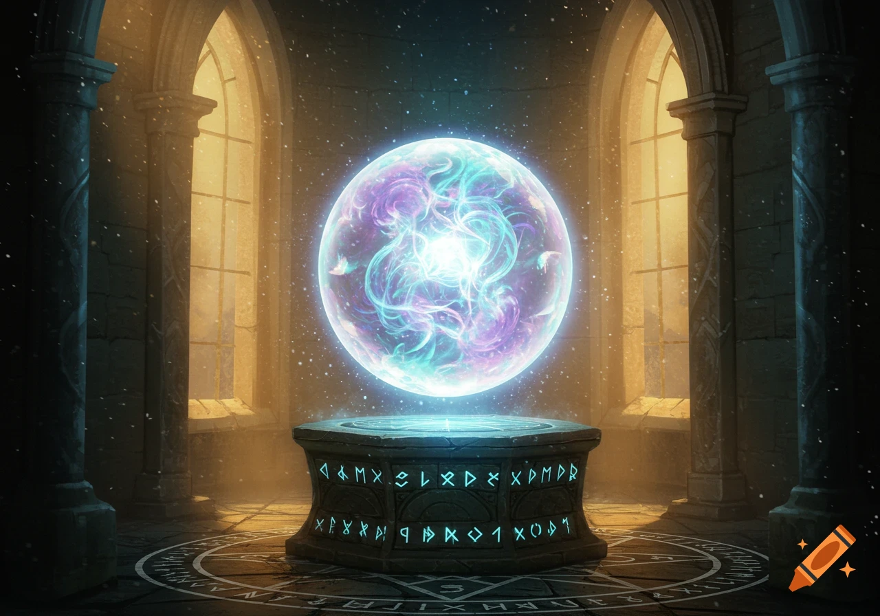 A glowing, swirling magic orb rests on a runic stone pedestal in an ancient chamber with arched windows, depicted in a fantasy style.
