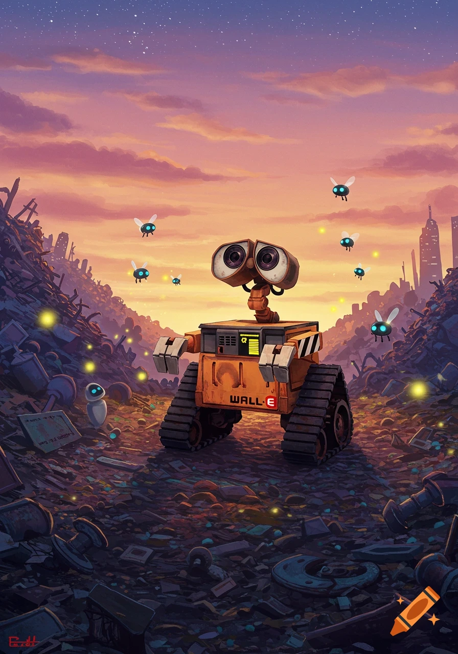 Wall-E robot stands in a trash-filled landscape under a pink and orange sunset. Glowing insects fly around, with a small EVE robot nearby.