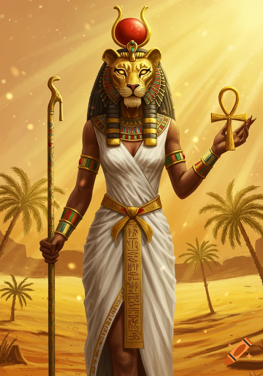 A majestic Egyptian lioness goddess, Sekhmet, in a white dress, holds a staff and ankh in a golden desert landscape.
